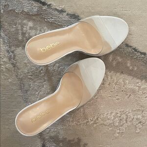 bebe White Slide Sandals with Clear Strap